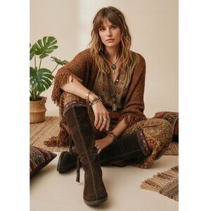 Jimmy Choo Suede Festival Rabbit Fur Boho Aztec Trim Boots Chocolate Women's 9